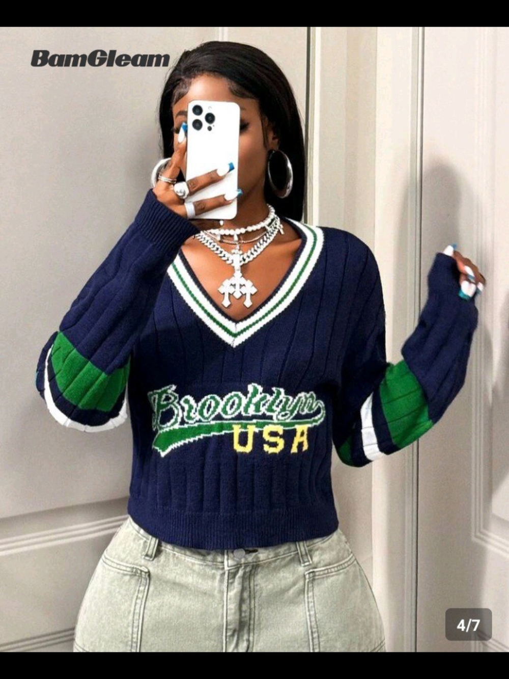 Women's Navy and Green Knit Sweater